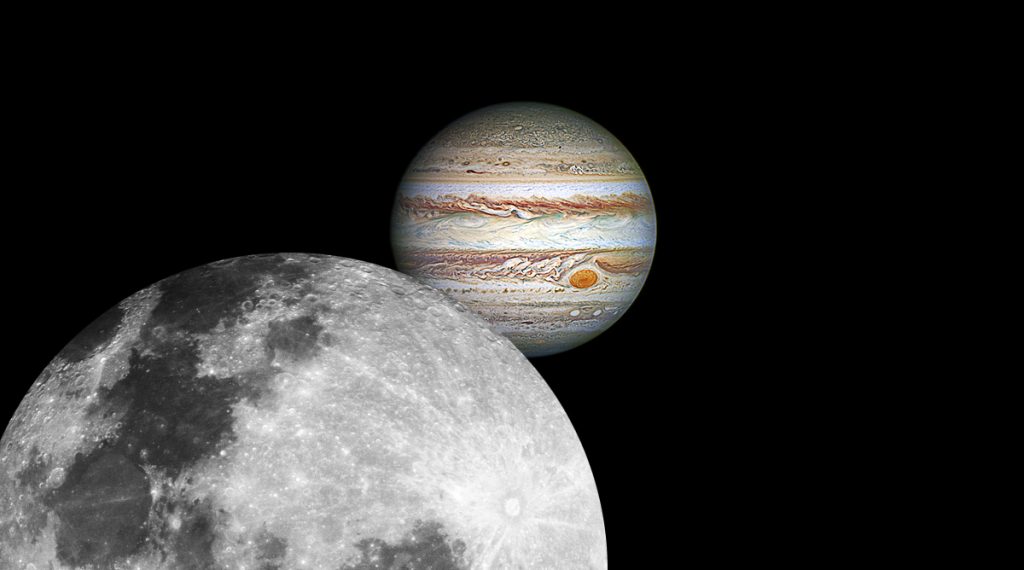 No exato momento da conjuncao entre Lua e Jupiter o dia estara claro mas o par ja podera ser visto bem juntinho desde o inicio da madrugada