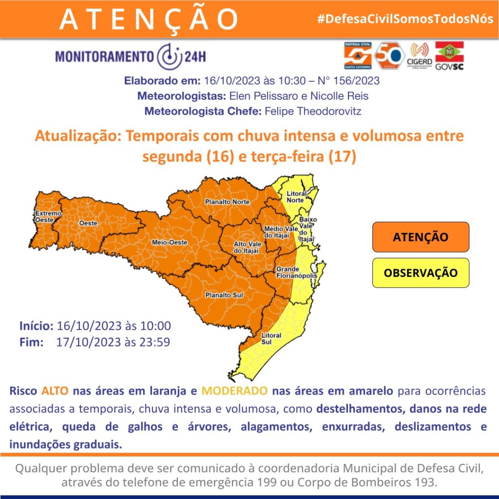 Defesa Civil de SC alerta para temporais com chuva intensa e volumosa entre segunda e terca feira