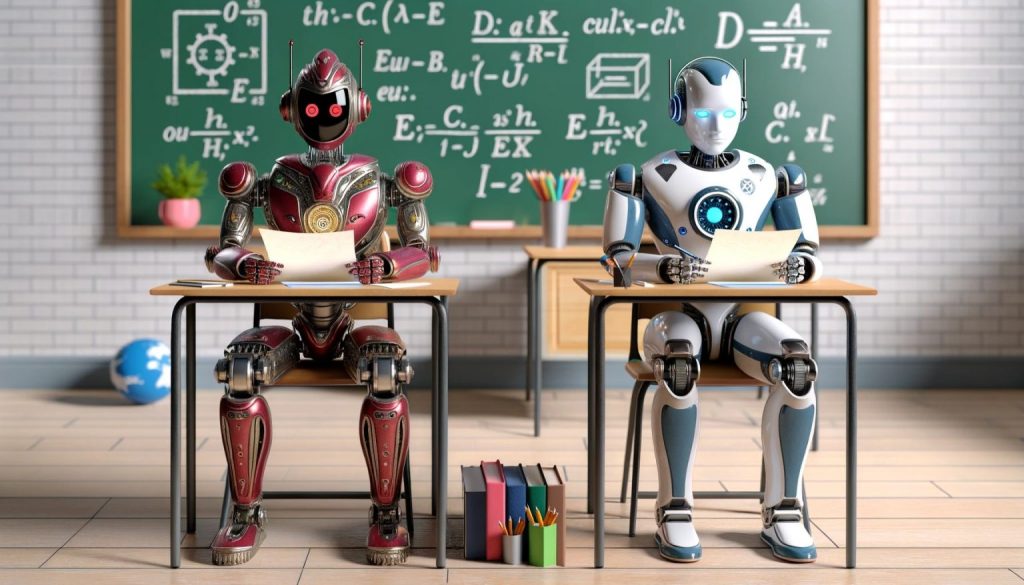 DALL·E 2023 12 27 09.02.12 A classroom scene featuring two robots sitting at desks taking a test. On the left a robot with a sleek modern design indicative of Chinese technolo 1536x878 1