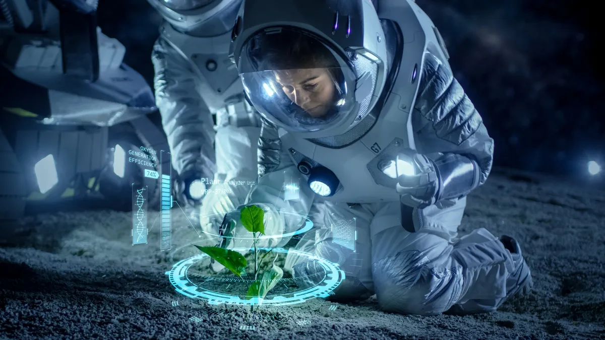 astronaut kneeling to examine a plant on the moon surface l
