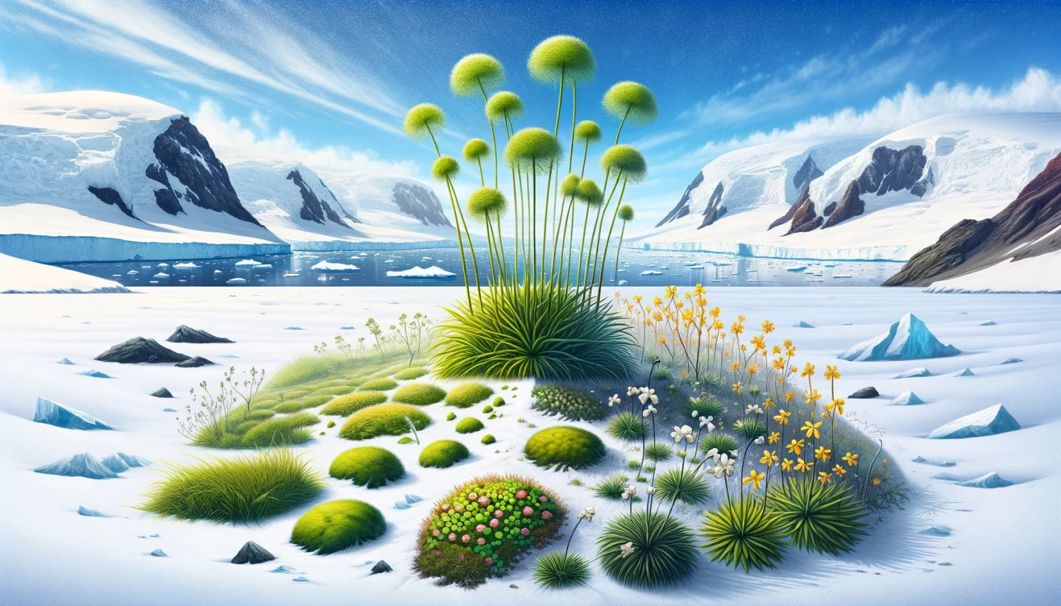 DALL·E 2024 02 27 16.03.03 Illustrate a wide panoramic scene of the Antarctic environment where the two unique plant species Deschampsia antarctica and Colobanthus quitensis 1536x878 1