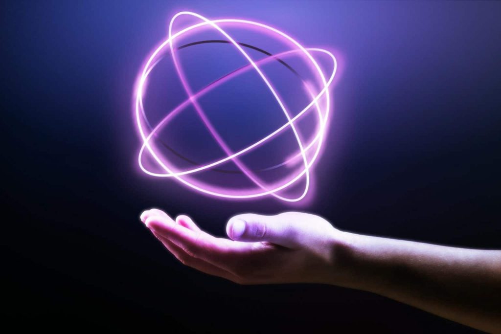 fundo de holograma de atomo mostrando remix de tecnologia cientifica mao do homem 1536x1025 1